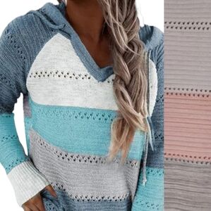 Lightweight Block Knit Long Sleeve Sweater Hoodie